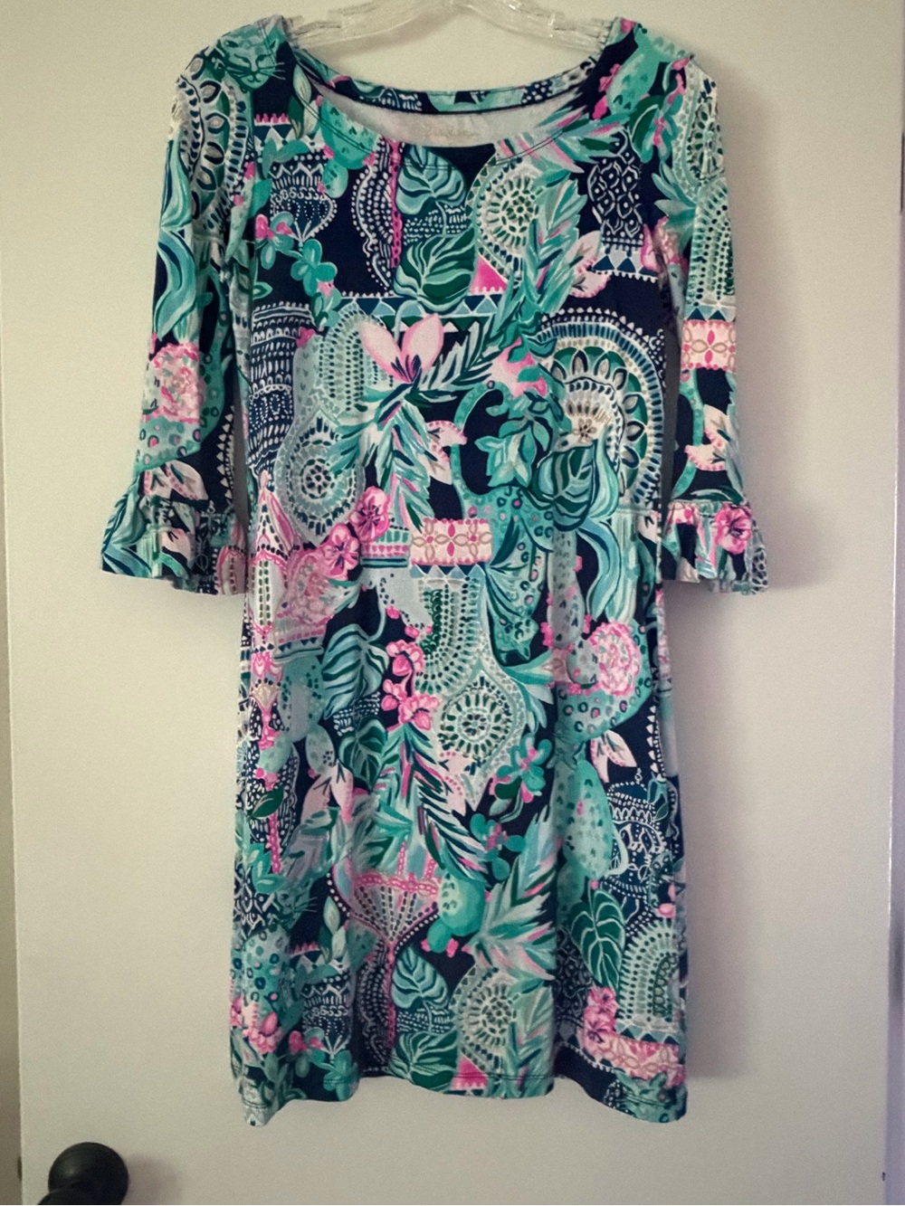 Lilly Pulitzer Teal & Pink Tropical Print Ruffle-Sleeve Dress